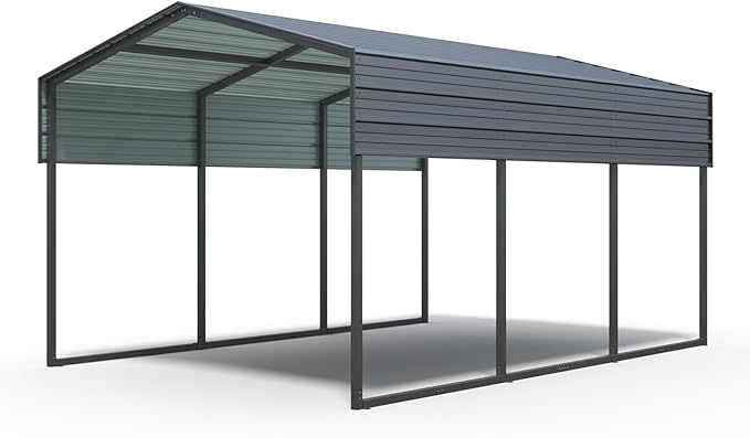 KEIKI 10x15 FT Steel Metal Outdoor Carport with Peaked Roof,Heavy Duty Vehicle Shed Canopy for Car,Truck and Boats