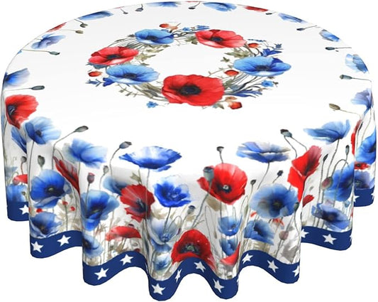 4th of July Round Tablecloth 60 Inch Patriotic Watercolor Poppy Flower Stars Kitchen Table Cloth Independence Memorial Day Heat Resistant Washable Reusable Tables Cover for Party Picnic Dinner Decor
