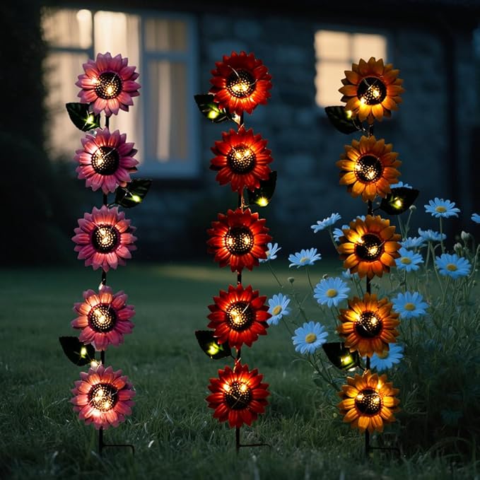 Solar Garden Stakes Lights,3 Pack Metal Sunflowers for Outside,Waterproof Solar Decorative Garden Stakes,Metal Spring Yard Art Decor Lights for Patio Pathway Backyard Porch Lawn(22.6 * 4.7IN)