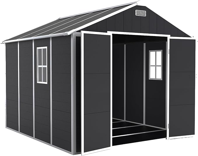 Outdoor Storage Shed 8x8 FT, Resin Shed with Floor & Window, Lockable Door, Vents, Outside Sheds & Garden Shed for Patio Furniture, Gardening Tools, Pool Equipment (Dark Gray, 8 * 8ft)