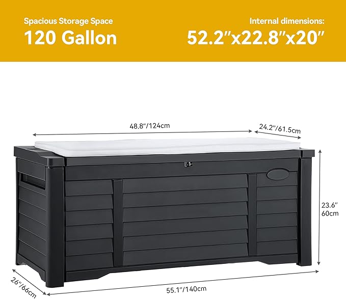 DWVO Outdoor Storage Deck Box, 120 Gallon Capacity, Waterproof Storage Bench, Lockable Lid, Resilient Resin Construction, Black