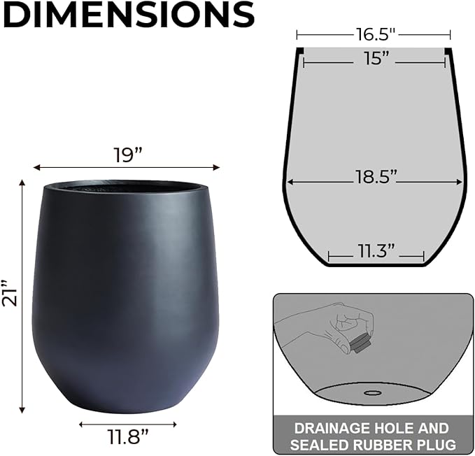 21" H x 19" D Corso Fiberstone Round Planter with Drainage Hole, Smooth Finishes, Weather Resistant for Indoor and Outdoor Use, Included 2 Extra Coco Mats (Black, 15" Pot Opening)