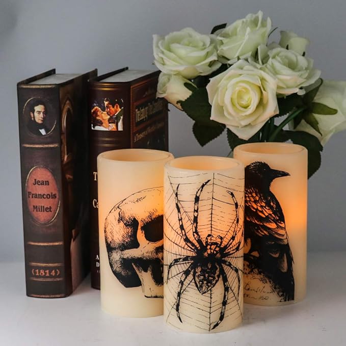 DRomance Halloween Flameless Flickering Candles Battery Operated with 6 Hour Timer White Real Wax Spooky LED Pillar Candles Skull Spider Crown Decals Hallloween Indoor Decor(3 x 6 Inches)