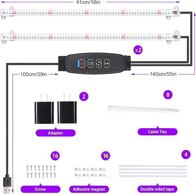 LED Grow Light Strips for Indoor Plants, 16‘’ Full Spectrum 240 LEDs with 4 Install Methods, 6/12/16H Timer, 10 Dimmable Levels, 3 Switch Modes for Seedling Succulent Sunlike Strip (2 Head 2 Pack)
