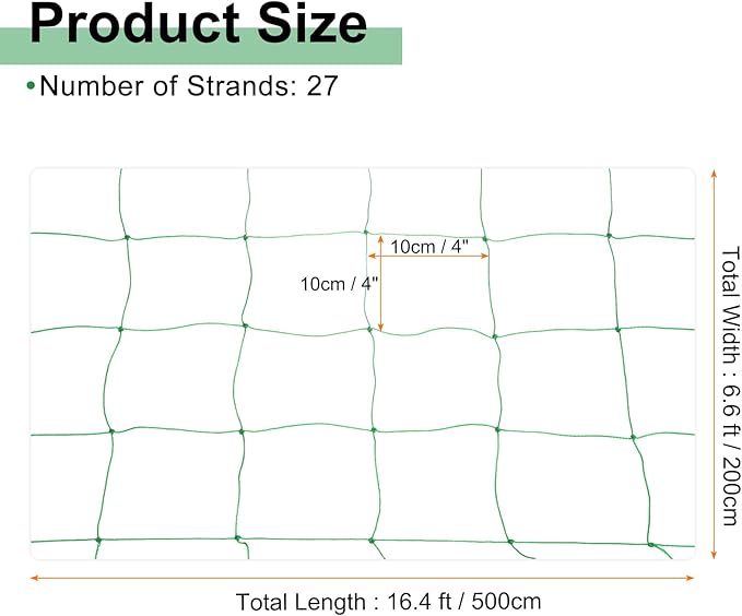 HARFINGTON Trellis Netting for Climbing Plants 6.6 x 16.4ft 27 Strands Heavy Duty Garden Trellis Netting Polyethylene Plant Support Net with 4" x 4" Mesh for Fruits Vegetables Cucumber