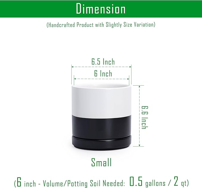 D'vine Dev 6.5 Inch Ceramic Planter Pot with Drainage Hole and Saucer, Indoor Cylinder Round Planter Pot, Layered Monochrome Black & White, 94-O-C-L