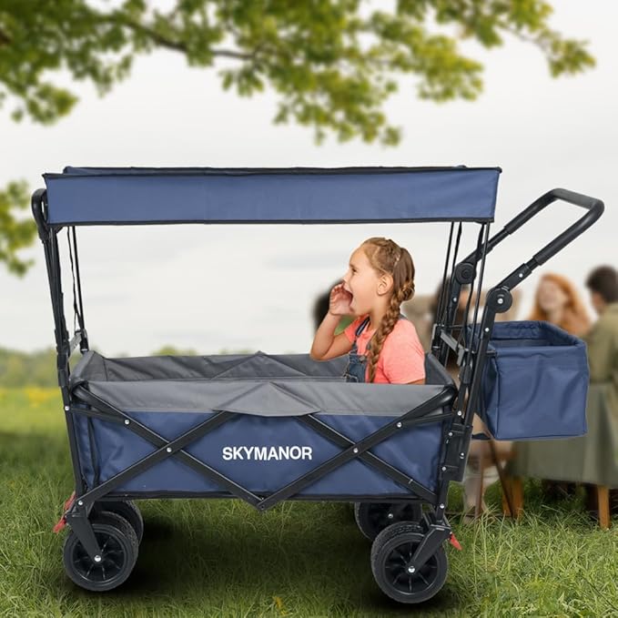 SKYMANOR Collapsible Wagon with Removable Canopy, 3-in-1 Heavy Duty Garden Cart with Big All-Terrain Wheels, Brakes, Adjustable Push Pull Handle, Cooler Bag, 300LBS Wagon Cart for Camping (Blue)