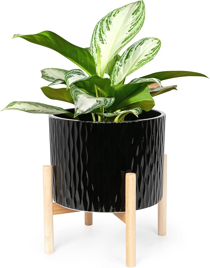 LaDoVita Ceramic Plant Pot with Stand, 10 Inch Planter with Wood Shelf, Modern Round Flower Pots Indoor with Wood Planter Holder, Black Water Ripple Pattern