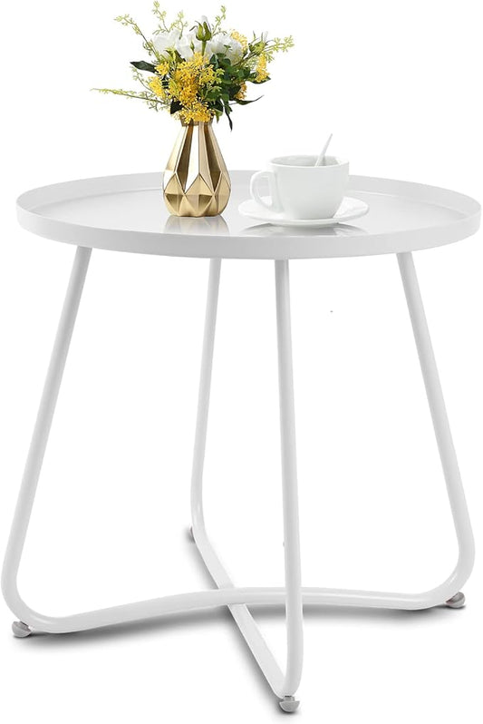 Babion White Outdoor Side Table, Small Round Patio Accent Table for Yard Garden, Indoor & Outdoor