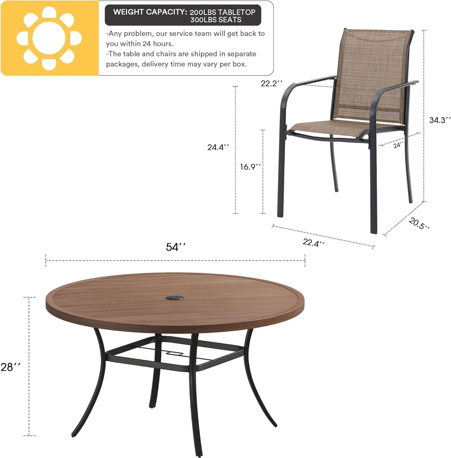 VICLLAX Patio Dining Set for 8, Outdoor Furniture Set Includes 53" Round Patio Table and 8 Patio Sling Chairs, Walnut Wood-Like Tabletop and Brown Fabric
