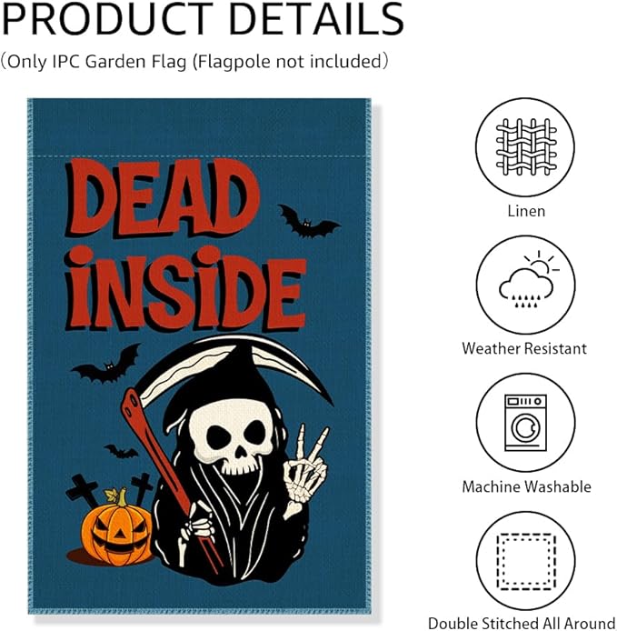 Dead Inside Garden Flag, Funny Pumpkin Spooky Yard Flag for Outside, Welcome Autumn Fall Halloween Front Porch Lawn Decoration, Funny Skeleton Peace Sign Home Banner