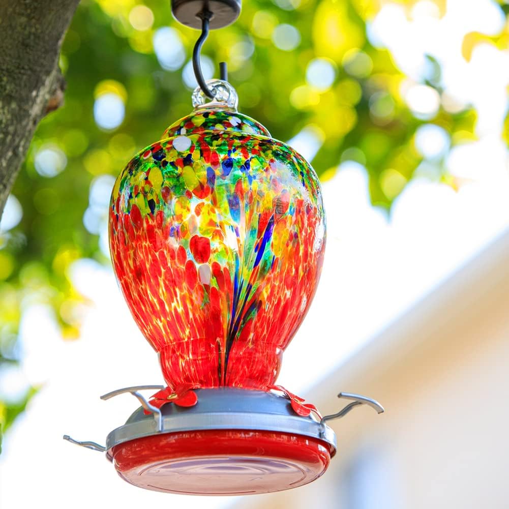 WOSIBO Hummingbird Feeder for Outdoors Patio Large 32 Ounces Colorful Hand Blown Glass Hummingbird Feeder with Ant Moat Hanging Hook, Rope, Brush and Service Card (Red-Sunrise)