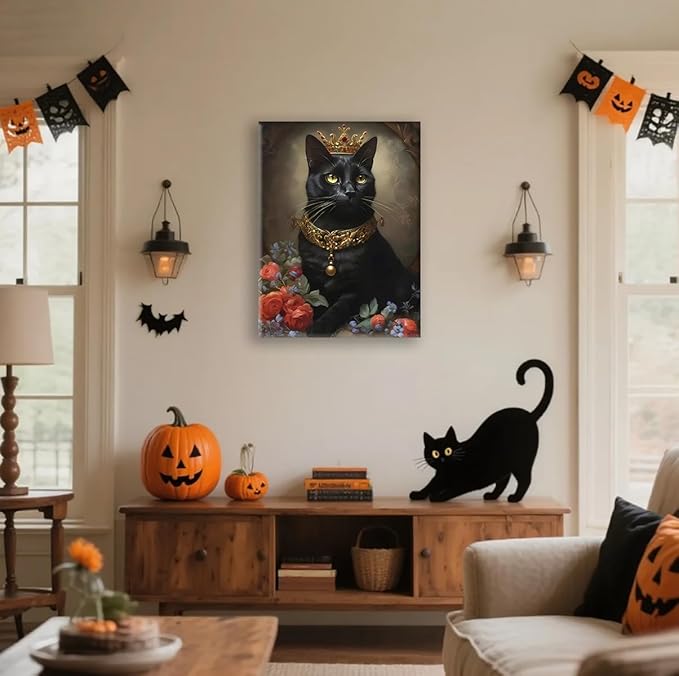 Jatinoo Gothic Halloween Decor - Black Cat Framed Canvas Art Print, Witchy Moody Wall Decor for Living Room, Goth Home Accessories, 11.5x15 Inch Vintage Style