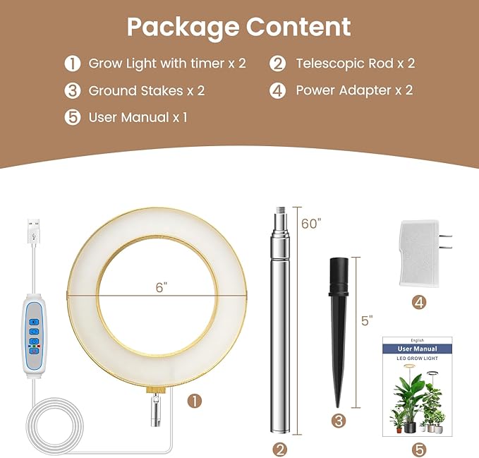 Grow Lights for Indoor Plants, Full Spectrum Plant Grow Light with 6/12/16H Timer, 3 Color Modes, 5 Brightness, 10"-65" Height Adjustable Growing Lamp for Large Indoor Plants (2 Pack)