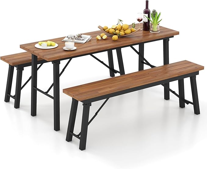 Tangkula Outdoor Dining Table With Benches for 4-6 Persons, No Assembly Foldable 59 Inches Narrow Patio Dining Table with Acacia Wood Top & Heavy Duty Metal Frame, for Yard, Garden, Poolside or Indoor