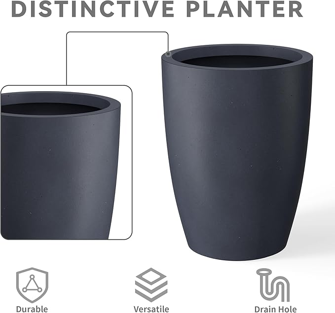 Kante 18.1",20.5",22.4" H Tall Round Concrete Planters Set of 3, Outdoor Indoor Modern Decorative Plant Pots with Drainage Hole & Rubber Plug for Home & Garden Charcoal