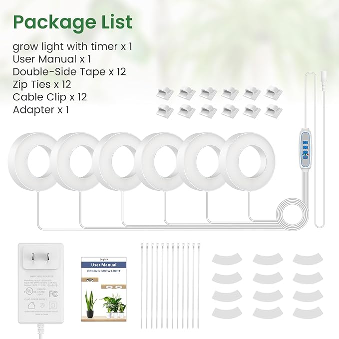 Plant Light, 6 Heads 12V3A Full Spectrum LED Grow Lights for Indoor Plants, 3.5" Under Cabinet Grow Lamp for Small Plants with 6/12/16H Auto Timer, 3 Spectrum Modes, 5 Brightness Levels