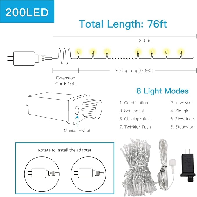 suddus Christmas Lights Outdoor, 66 ft 200 LED Plug in Warm White Fairy String Lights with Remote, Twinkle Lights for Bedroom, Indoor, Tree, Dorm, Wedding, Outside, Backyard Decorations