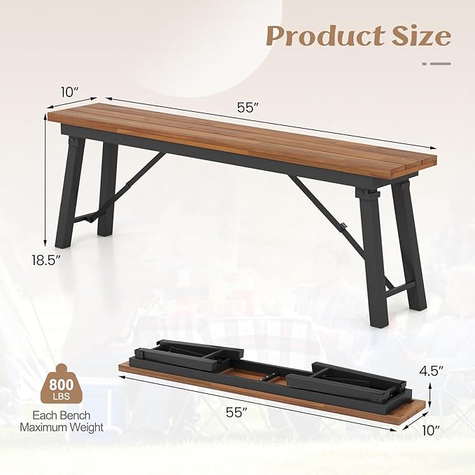 Tangkula Outdoor Dining Table With Benches for 4-6 Persons, No Assembly Foldable 59 Inches Narrow Patio Dining Table with Acacia Wood Top & Heavy Duty Metal Frame, for Yard, Garden, Poolside or Indoor