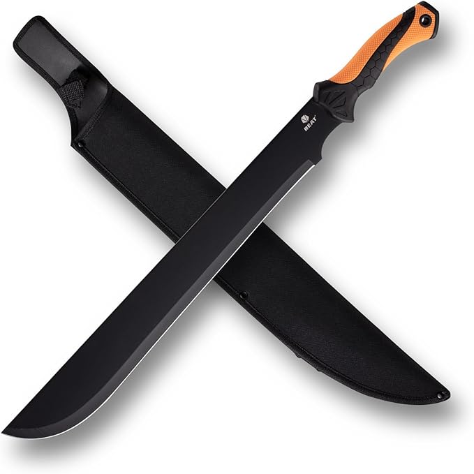 REAT Gardening Heavy Duty Machete,24" Full Tang Machete with Shaeth,Ergonomic No-Slip Handle,Machetes for Bushcraft, Outdoor Hunting, Garden Cutting Trees and Yard Work (Orange)