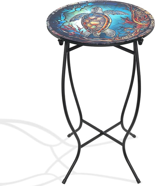 Outdoor Side Tables for Patio, 21" High Round End Table, Weather Resistant Metal Patio Accent Table Indoor and Outdoor End Table for Yard, Garden, Living Room, Bistro, Halloween (Turtle)
