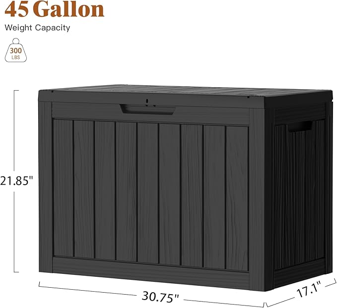 Outdoor Storage Deck Box, 45 Gallon Outside Storage Box Waterproof Deck Box, Lockable Patio Storage Box UV-Resistant for Garden Furniture, Black