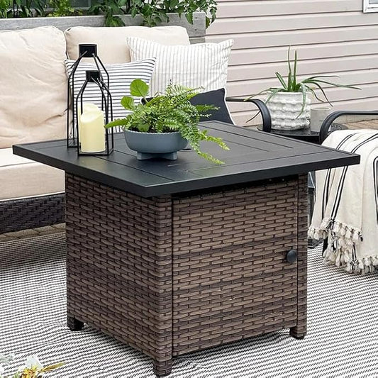 Sophia & William 32 Inch Gas Fire Pit Table Outdoor Rattan Propane Fire Table & Fireplace with Fire Glass, Lid, 50,000 BTU Firepits for Outside Patio