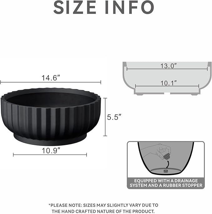 Kante Round Fulted Bowl Planter, 14.6 Inch Dia Large Concrete Flower Pots with Drainage Hole and Rubber Plug, Suitable for for Indoor Outdoor Plants, Home, Patio, Garden, Black