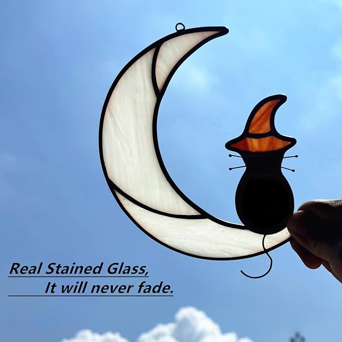 Stained Glass Halloween Black Cat Decor Gifts for Cat Lovers Memorial, Handmade Gothic Witch Hat Stained Glass Window Hangings Suncatcher for Windows Ornament Decoration.