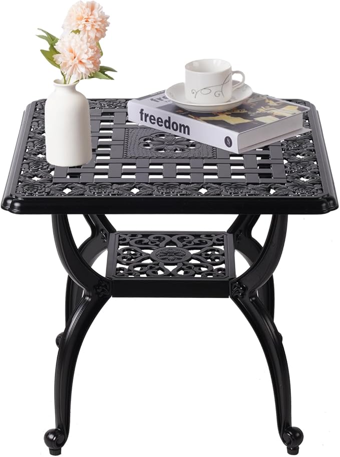 Cast Aluminum Outdoor Side Table,Small Patio Table,Outdoor Coffee Tables for Patio,Garden,Balcony, for All Weather (Black, Square)