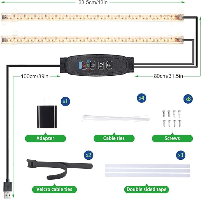 2 Head 13 Inches LED Grow Light Strips, Grow Lights for Indoor Plants Full Spectrum 3500K, 96 LEDs Plant Light with Auto On/Off and 3/9/12H Timer, 10 Dimmable Levels for Seedling Succulent