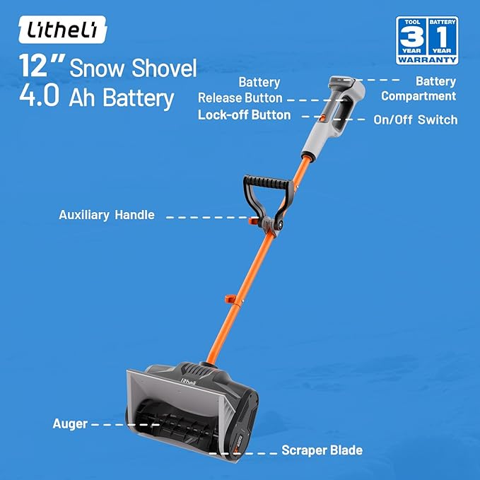 Litheli Cordless Snow Shovel, 20V 12'' Electric Snow Blower for Driveway, Battery Powered Snow Thrower, 4.0Ah Battery Included