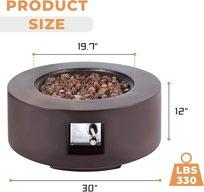ECOTOUGE Round Gas Fire Pit, 30 Inch Outdoor Propane Firepit Table, Steel Fire Table w/50,000 BTU Auto-Ignition, Weather-Resistant Pit Cover, Lava Rocks, No Tank Holder, Brown