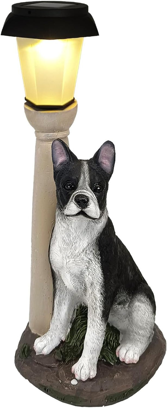Solar Dog Garden Statues with Lantern, Resin Boston Terrier Sculpture with Warm White Light for Outside Lawn Porch Patio