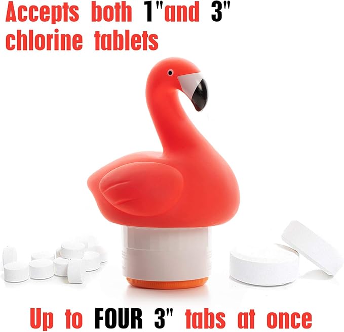 XY-WQ Chlorine Floater, Floating Pool Chlorine Dispenser (Flamingo), Fits 1 and 3 Inch Tablets for Large and Small Pools, Hot Tub, Spa