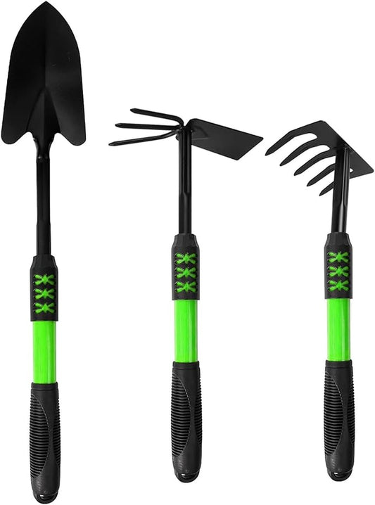 Garden Tools Set, 3 Pack Heavy Duty Gardening Tools Set Include Garden Shovel, Transplant Trowel and Hand Rake with Ergonomic Handle, Aluminum Alloy Lawn for Planting, Green