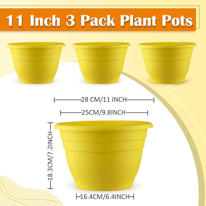 3 Pack 11 Inch Plant Pots with Drainage Hole and Plug, Durable Plastic Flower Pots for Indoor & Outdoor Plants, Elegant Mordern Plant Pots Perfect for Herbs, Flowers & Succulents, Yellow