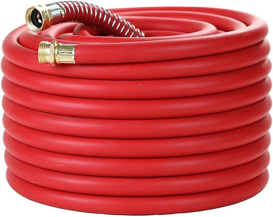 90FT 5/8 Heavy Duty Rubber Garden Hose - 200psi Working, 1000psi Burst - Hot/Cold Water - Five-Layered Braiding for Durability - Versatile for Gardening, Agriculture, Construction(Red)