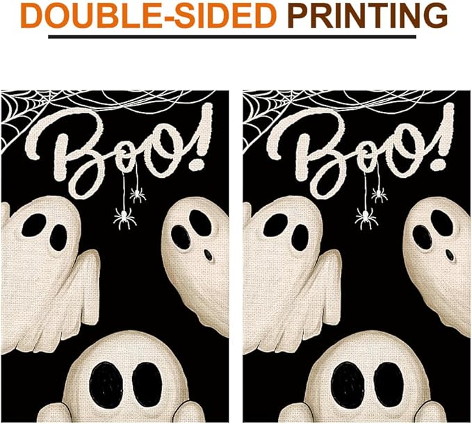 Spooky Ghost Boo Garden Flags for Outside 12x18 Inch Double Sided Burlap, Welcome Sign Halloween Small Flag Banner Farmhouse Holiday Yard Lawn Outdoor Decorations DF878
