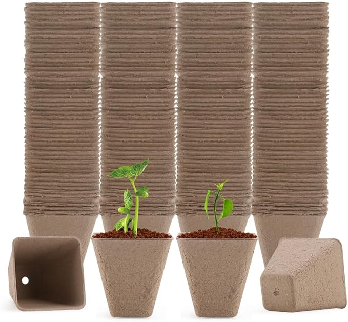 Seed Starter Trays, 174 Pcs 3.15 Inch Square Biodegradable Peat Pots, Drainage Holes Nursery Pot, (Light Brown Square)