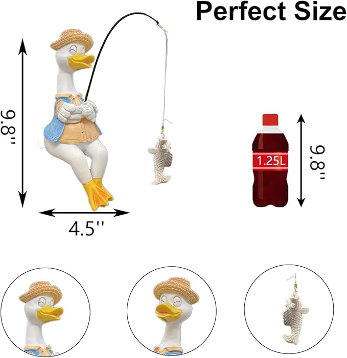 Duck Fishing Statue Garden Decor – 9.8" Weatherproof Resin Duck Fishing Sculpture Decor for Fish Ponds, Koi Ponds, Waterfalls, Poolside & Outdoor Gardens– Resin Figurine for Indoor & Outdoor Décor