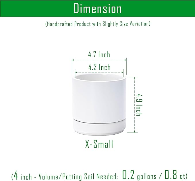 D'vine Dev Set of 4 Small Ceramic Plant Pots, 4.7 Inch Succulent Planter Pot for Plants with Drainage Hole and Saucer, White, 94-X-B-1