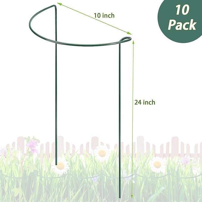 10 Pack Plant Support Stakes, 4 mm Thick 24 Inch Half Round Metal Garden Stakes, Plant Support Cages Ring for Peony Tomato Hydrangea Rose Flower Indoor Outdoor (10" Wide x 24" High)