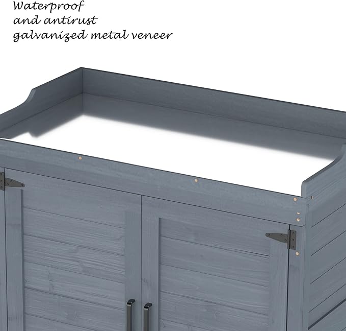 Outdoor Garden Patio Wooden Storage Cabinet Furniture Waterproof Tool Shed with Potting Benches Outdoor Work Station Table (Gray)