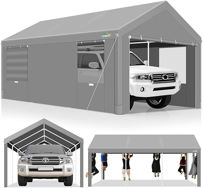 COBIZI Carport 10x20ft Heavy Duty Portable Garage, 2.0 Powder Coated Frame(Better Than Galvanized), Waterproof Shelter with Removable Sidewalls & Windows, Built-in Sandbags, for Car/Boat/SUV, Gray