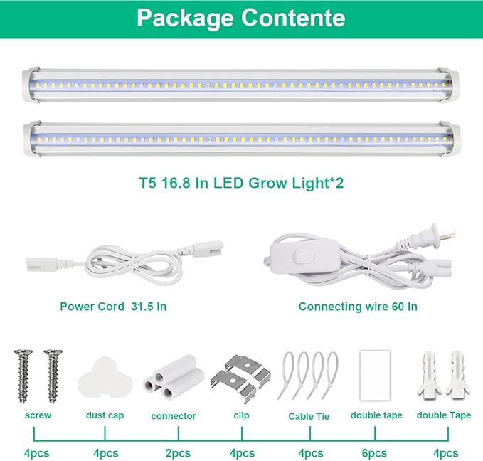 T5 Grow Lights 5000K Full Spectrum,1.4FT (2pcs x 10 Watts) Plant Growing Lamp,End-to-End Connectable Led Light Strips for Indoor Plants Succulents Flowers Growing