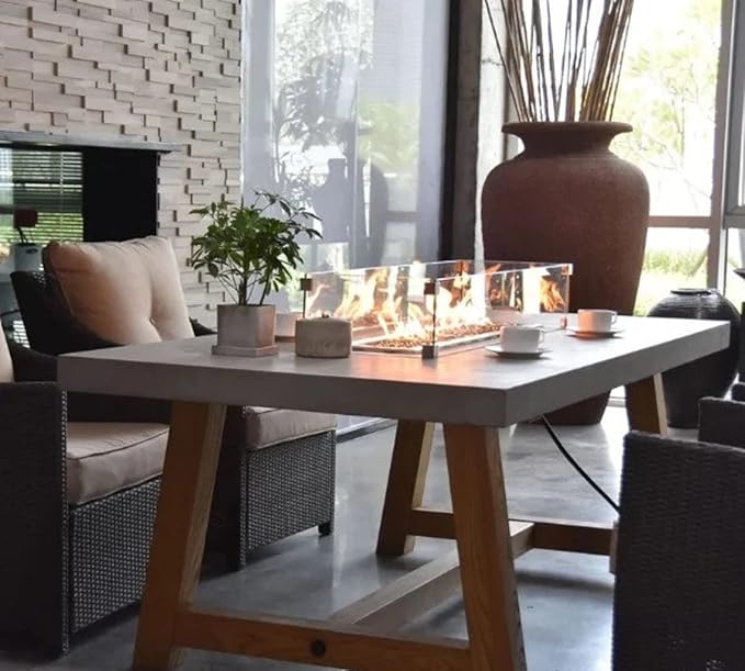 Elementi | Sonoma Gas Fire Pit Cast Concrete Rectangular Dining Fire Table, Outdoor Fire Pit Electronic Ignition | Canvas Cover, Lava Rock Included | Natural Gas