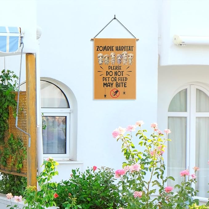 Zombies Habitat Please Do Not Pet Or Feed May Bite Garden Flag, Zombies Welcome Halloween Flag, Funny Skull Yard Sign for Outside, Spooky Season Outdoor Porch Lawn Fall Halloween Decor