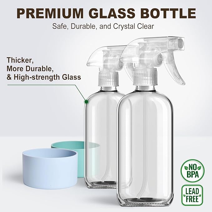 Glass Spray Bottles with Silicone Sleeves (2 Pack, 16 oz), Mist and Stream Empty Refillable Containers, Water Sprayer Misting Bottle for Cleaning Solutions, Planting, Hair Spraying, Green & Grey