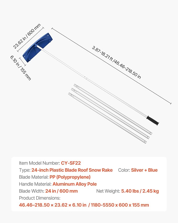 VEVOR Snow Roof Rake, 24 in PP Plastic Blade, 3.8-18.2 ft Adjustable Roof Snow Scraper with Wheels, Anti-Slip Handle Snows Removal Tool, Lightweight House Rooftop Rake for Leaves Debris Removal